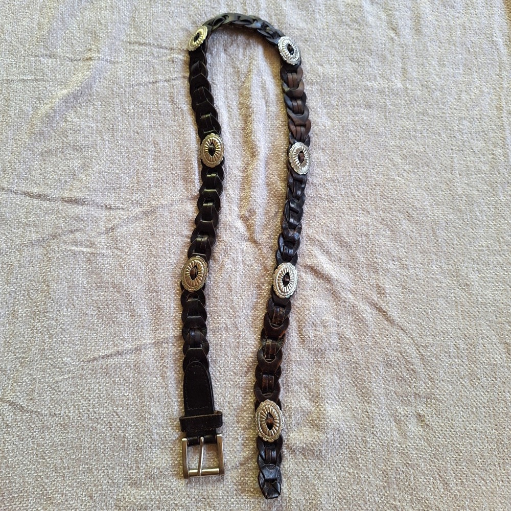 Vintage Braided Leather Concho Belt Southwestern Cowgirl Brass India Capezio
